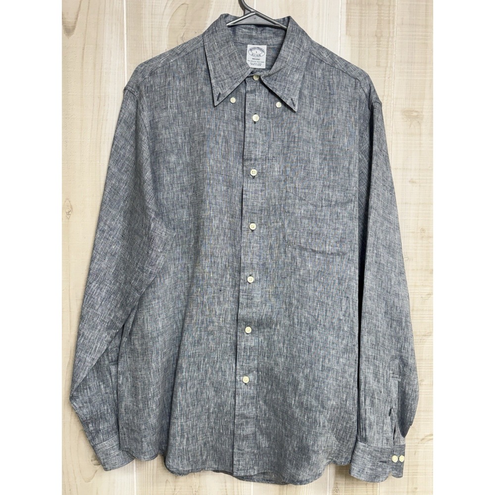 Y2K Brooks Brothers Regent Irish Linen Shirt Large Blue Gray Coastal Preppy